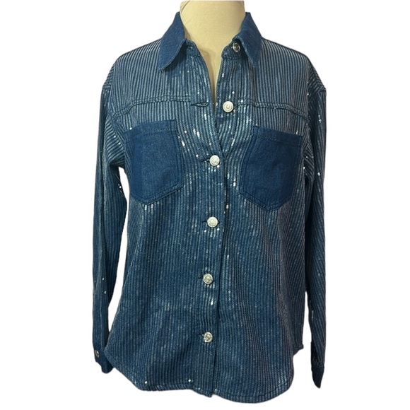 L | C Collection Blue Denim Long Sleeve Sequence Shirt - Picture 6 of 6